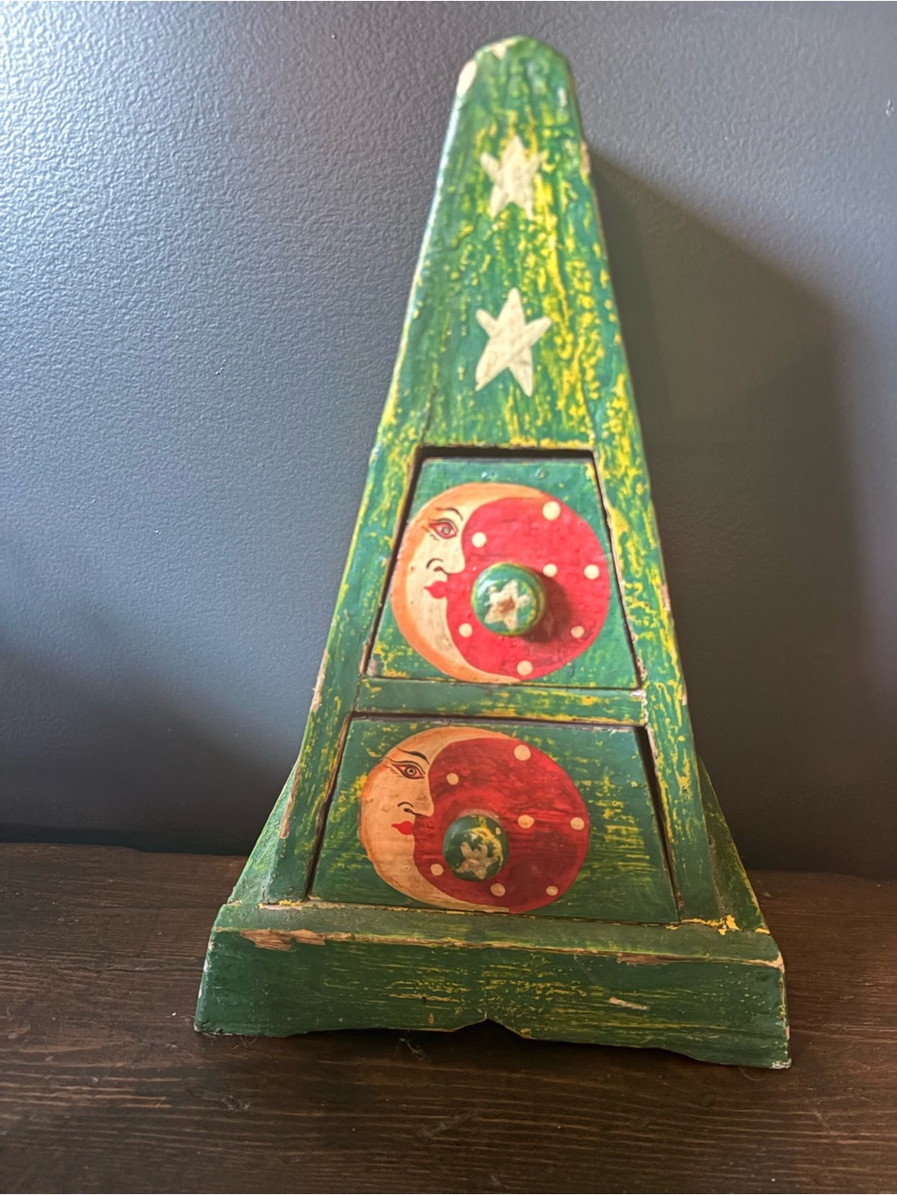 VTG Whimsigoth Celestial Sun Moon Wood Pyramid Trinket Chest / Drawers